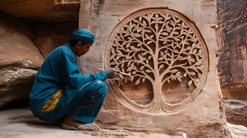 Artisan Carving Tree of Life in Stone
