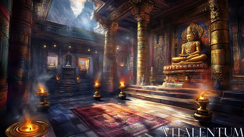 Gilded Buddha in Candlelit Temple Interior