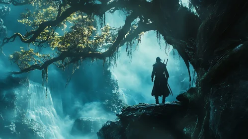 Lone Warrior Overlooking Misty Waterfall