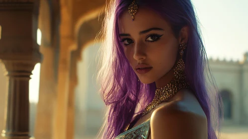 Woman with Purple Hair and Gold Jewelry