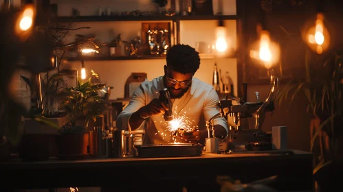 Craftsman Welding with Sparks in Workshop