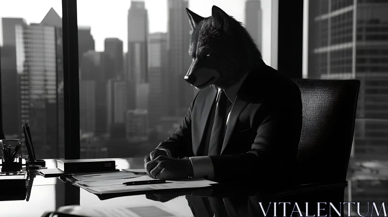 Monochrome Wolf Executive at Desk