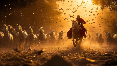 Wild Horses and Rider in Golden Light