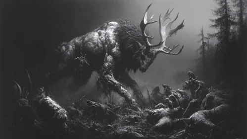 Nightmare Creature with Antlers in Desolate Landscape