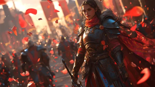 Armored Woman Warrior in Falling Petals