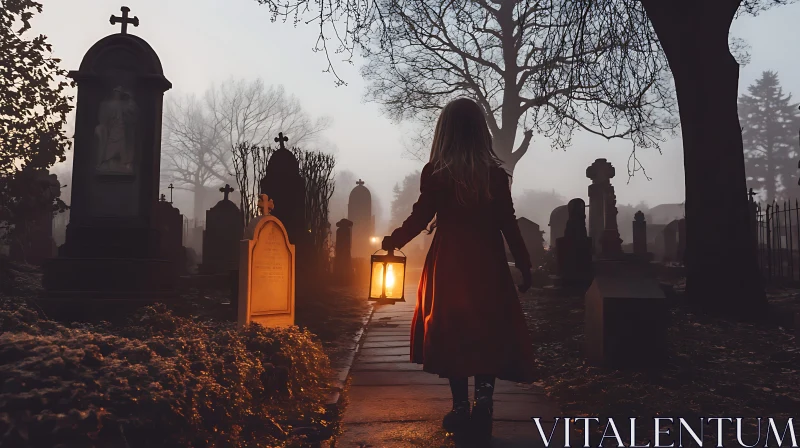 Girl with Lantern in Foggy Cemetery