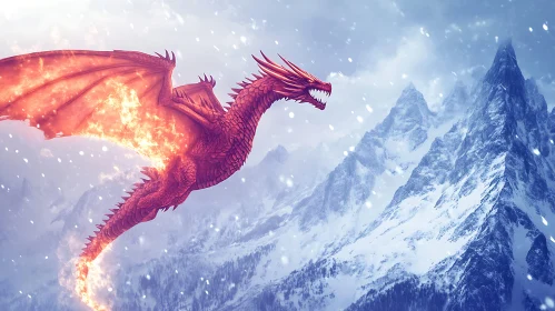 Crimson Dragon Over Frozen Mountains