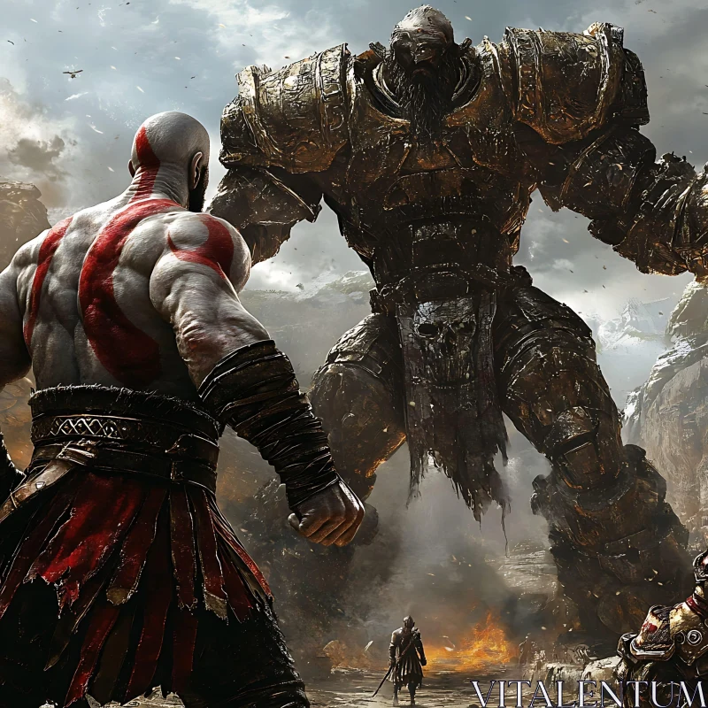 Warrior Confronts Armored Giant in Battle
