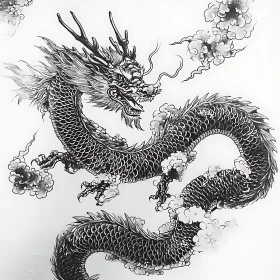 Monochrome Dragon Art with Swirling Clouds
