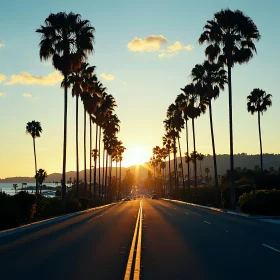 Tropical Road with Palms at Sunset