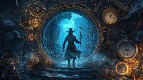Time Portal Steampunk Character Illustration