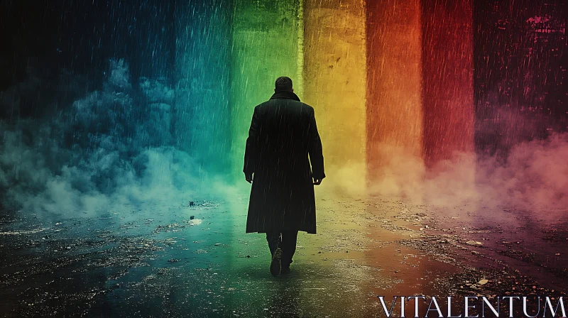 Man Walking in the Rain Towards Rainbow