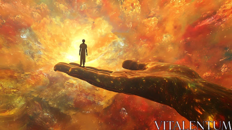 Man on Hand in Fiery Sky