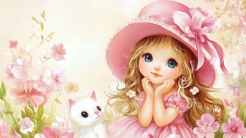 Whimsical Doll with Kitten in Floral Setting