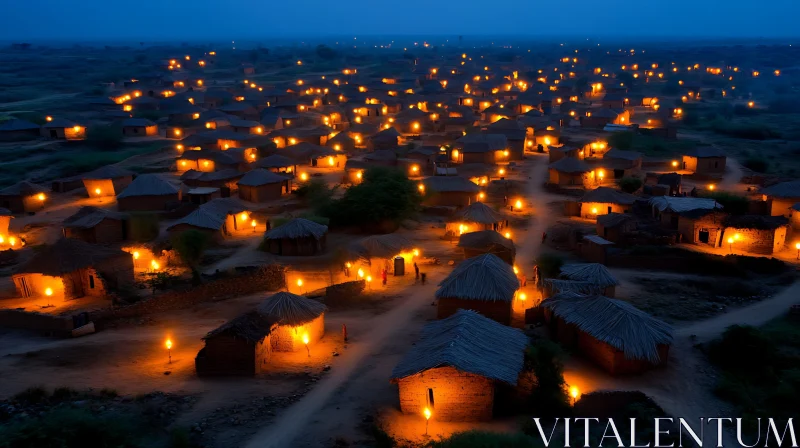 AI ART Village at Night: Aerial View of Glowing Homes