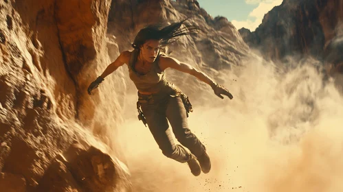 Leaping Woman in Sandy Mountain Landscape