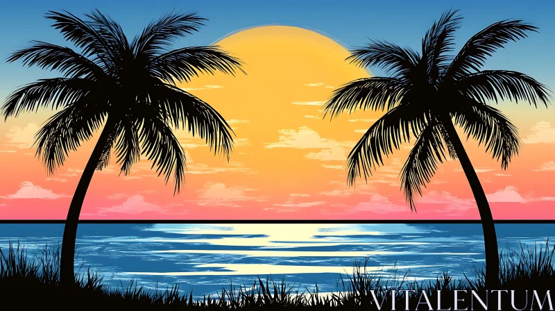 Ocean Sunset with Palm Silhouettes