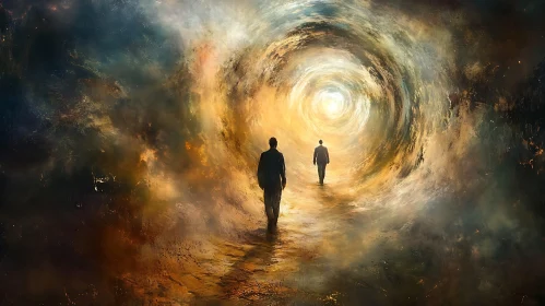 Figures Walking Through a Light Tunnel
