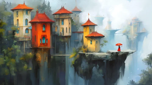 Colorful Houses on Cliffs with Red Umbrella