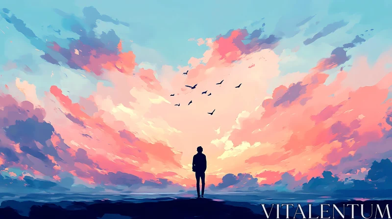 Silhouette at Sunset with Birds