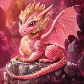 Whimsical Pink Dragon on Rock