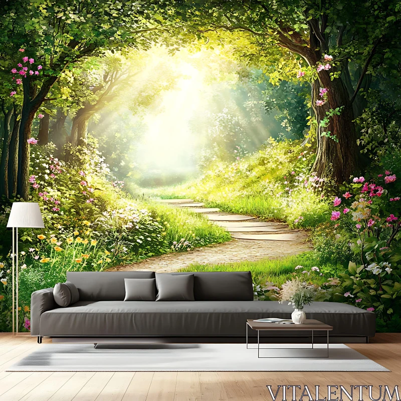 Sunlit Forest Pathway Mural in Modern Living Room