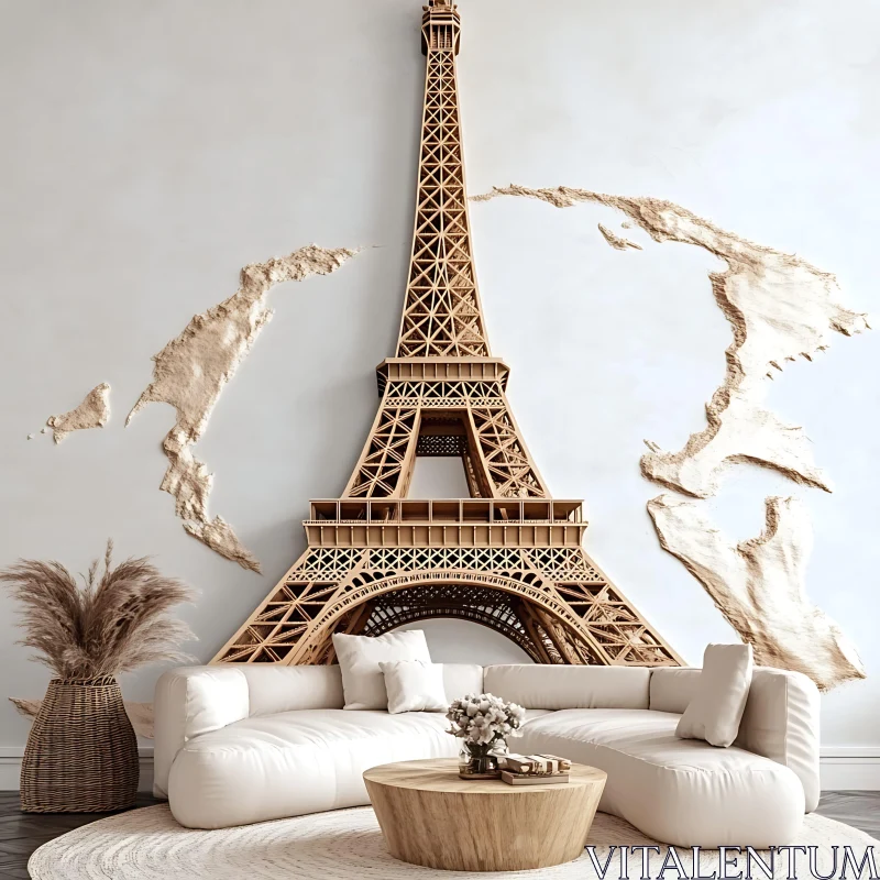 Modern Living Room with Eiffel Tower Decor AI Image