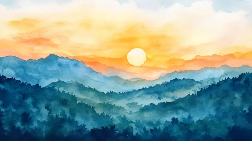 Peaceful Mountain Landscape Watercolor Painting