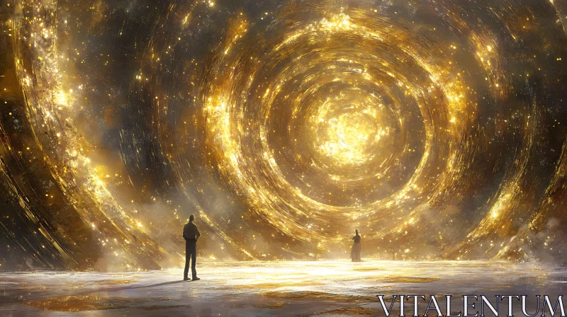 Figures Before a Golden Light Swirl