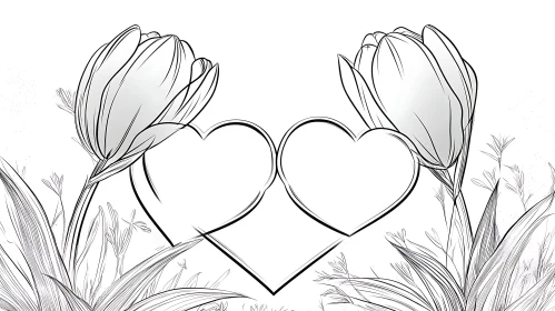Tulip Flowers and Hearts Sketch