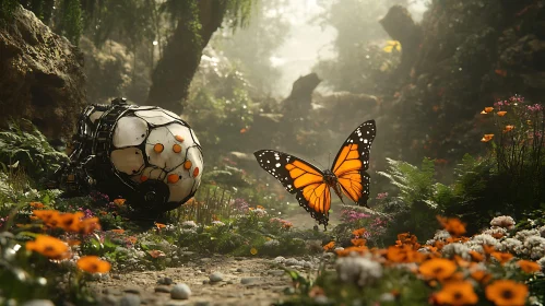 Mechanical Orb and Butterfly among Flowers