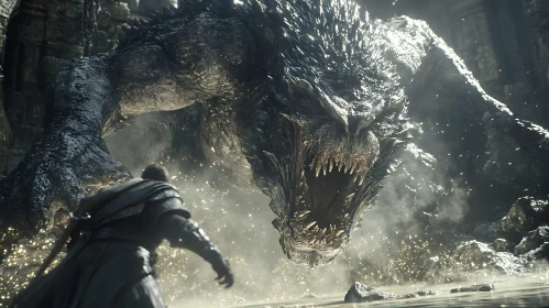 Warrior Confronts Monster in Dark Arena