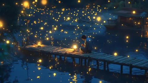 Man on Pier with Floating Lights