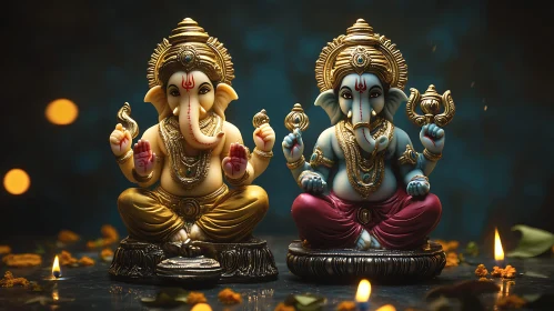 Twin Ganesha Deities in Contemplation