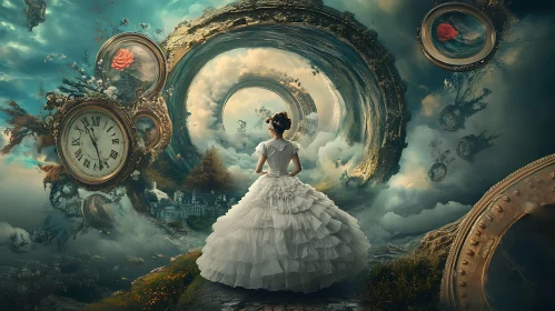 Woman in White Dress in Surreal Landscape