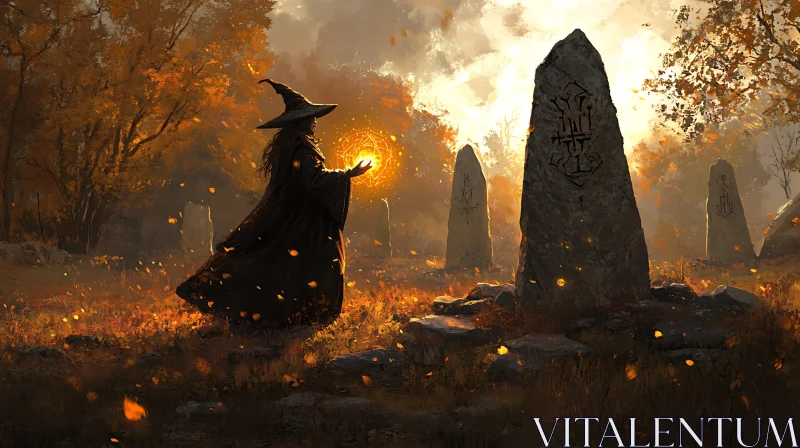 Wizard Casting Spell Near Ancient Stones