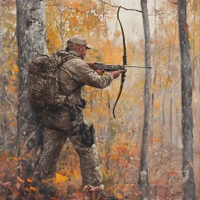 Camouflaged Archer in Woodland Scene