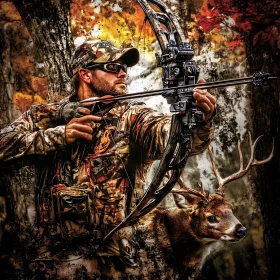 Camouflaged Archer with Deer