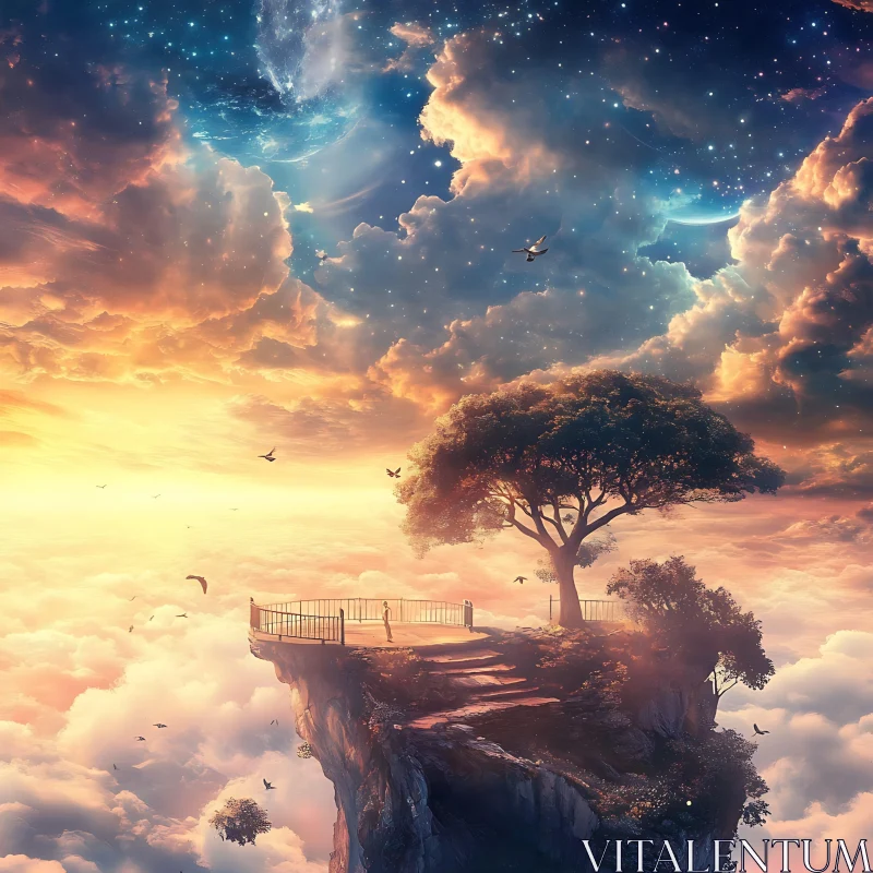 Cliff Top Tree Under Starry Sky