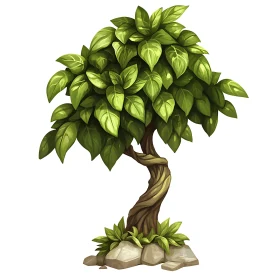 Cartoon Tree with Green Leaves