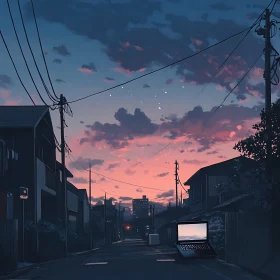 Laptop on Street at Sunset