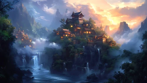 Mountain Village with Waterfalls and Sunset