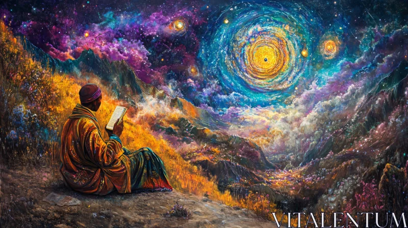 Man Reading Under Galaxy Painting