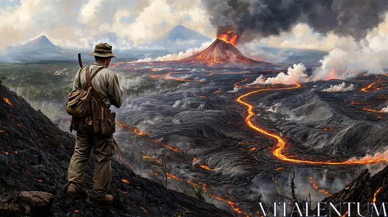 Man Observes Erupting Volcano Scenery