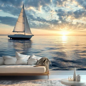 Tranquil Sailboat Sunset Ocean View