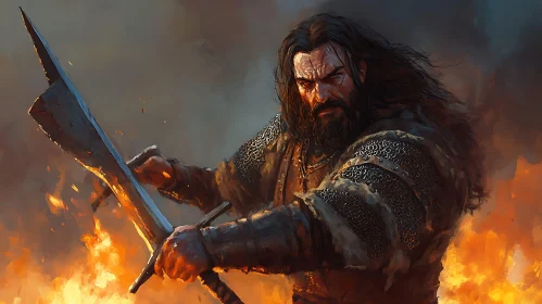 Battle-Ready Warrior in Fiery Ambience