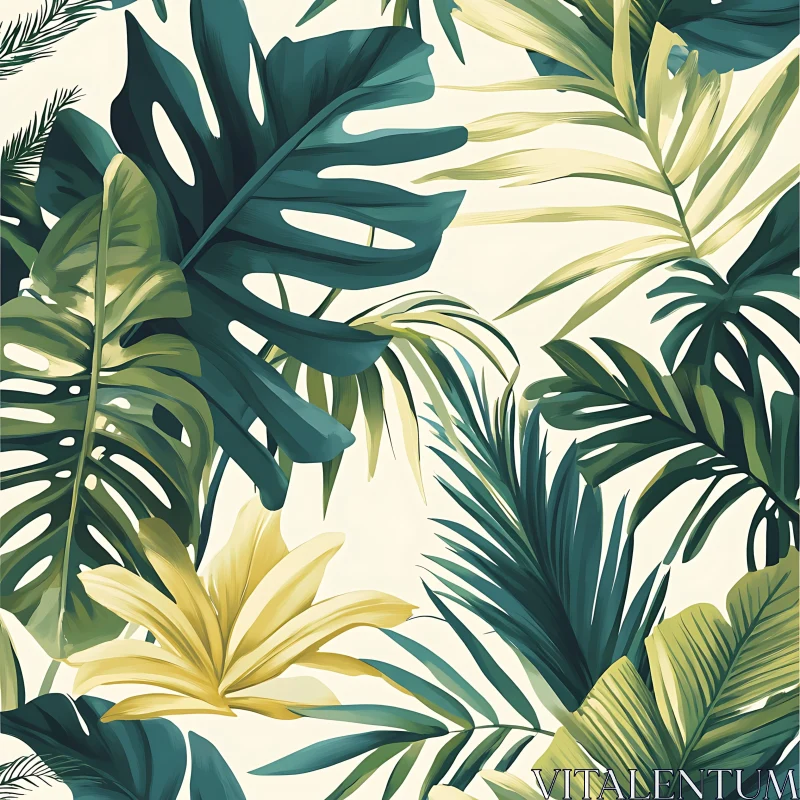 Lush Tropical Leaves Botanical Illustration AI Image