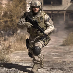 Camouflaged Warrior Advancing with Rifle