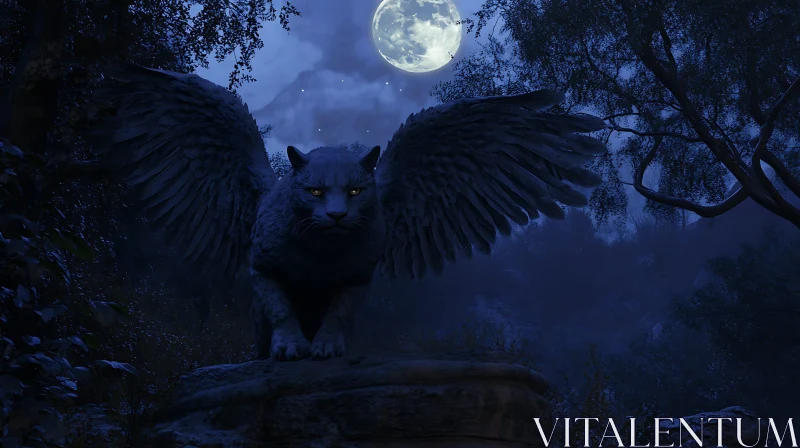 Fantasy Cat with Wings in Moonlight