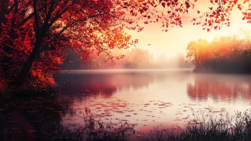 Serene Autumn Scene by Lake at Sunset
